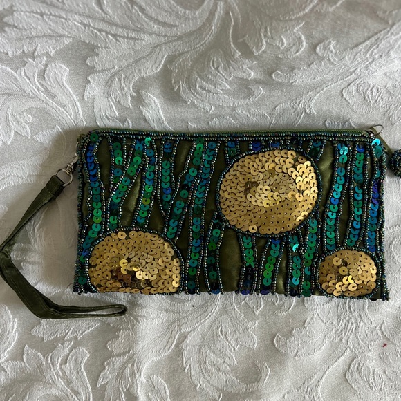 Teal sequence evening clutch abstract gold circles and wavy green blue stripes - Picture 1 of 8